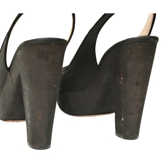 PRADA Black Pumps Platforms Sandals Slingback Fabric Brown Cork Heels Sz 36.5 - Picture 7 of 9